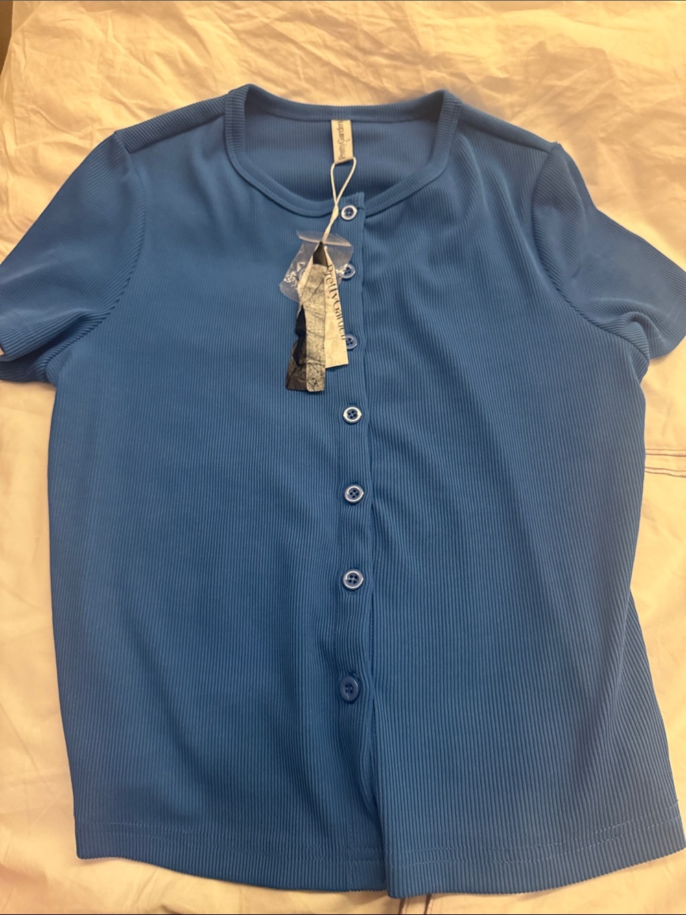 Women’s Short-Sleeve Button-Down Ribbed Top in Blue